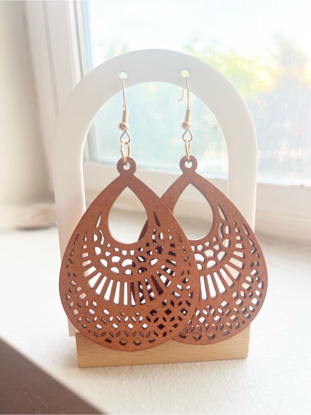 Wooden Filigree Teardrop Earrings - Brown